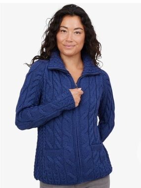 Women’s Merino Cable Knit Zip-Front Sweater Jacket - Blue